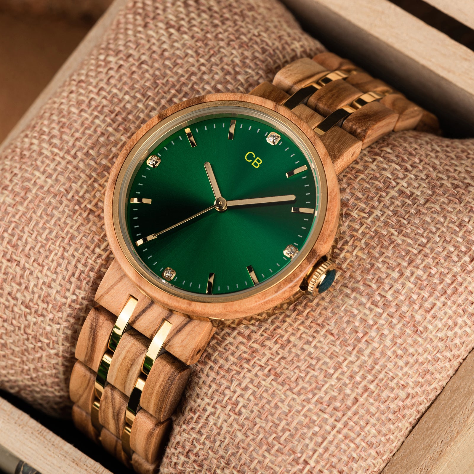 Olive Tree Wood Watch & Band - Green & Gold 35mm
