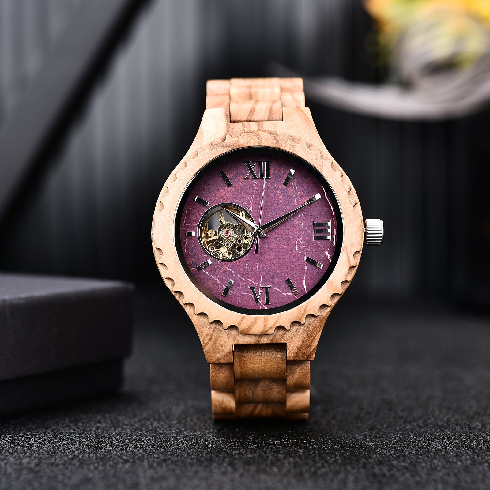 Wind Up Mechanical Olive Tree Wood Watch & Band - Purple 47mm