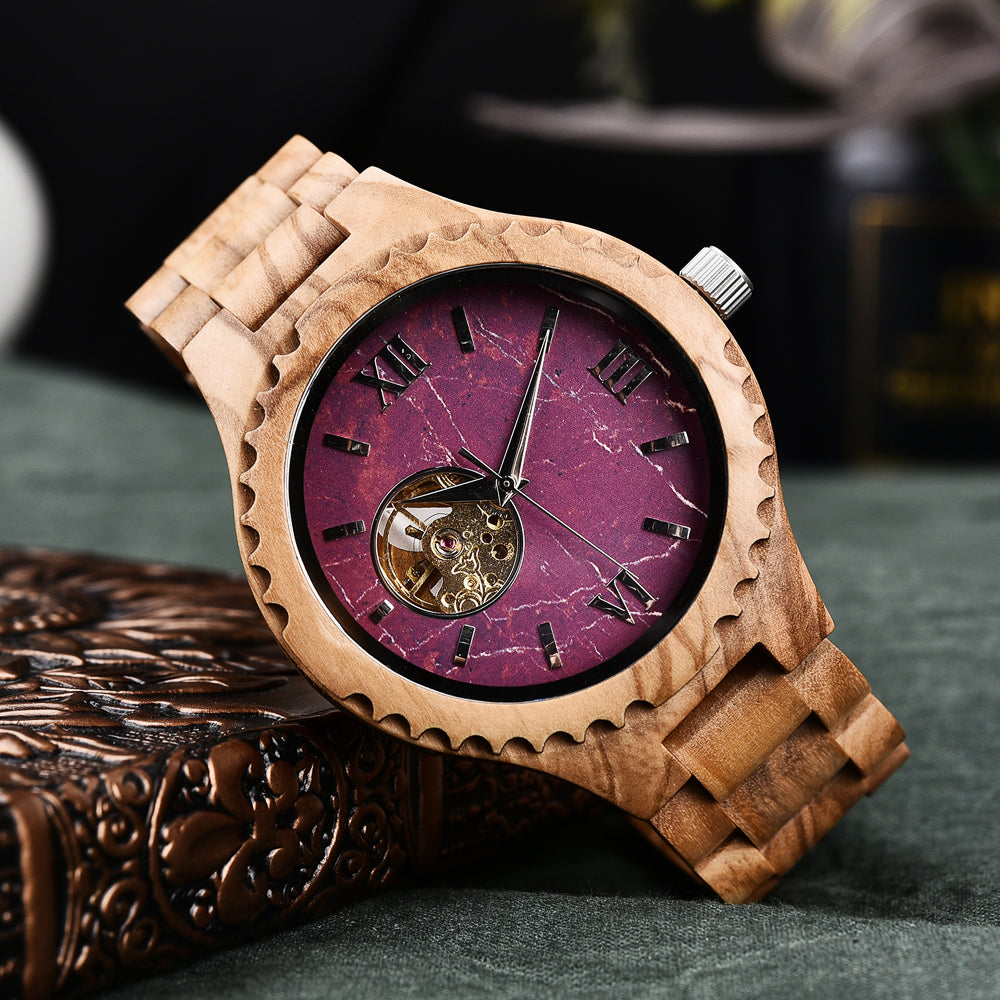 Automatic Olive Tree Wood Watch & Band - Purple 47mm