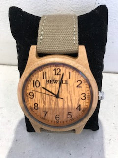 Wooden Watch - Bamboo Case  with Numbers and Pale Green Canvas Band