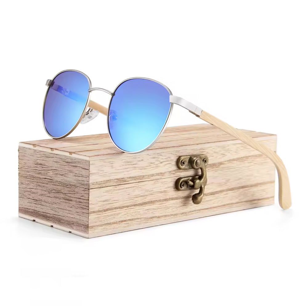 Round Mirror Lens 50/50 Silver Metal & Bamboo Wood - Polarised Sunglasses