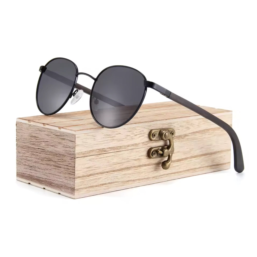 Round Black Lens 50/50 Black Metal & Ebony Wood - Polarised Sunglasses