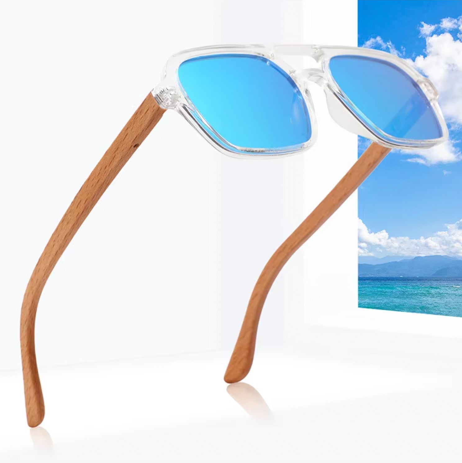 Aviator Compact 50/50 Clear & Beech Wood - Polarised Sunglasses