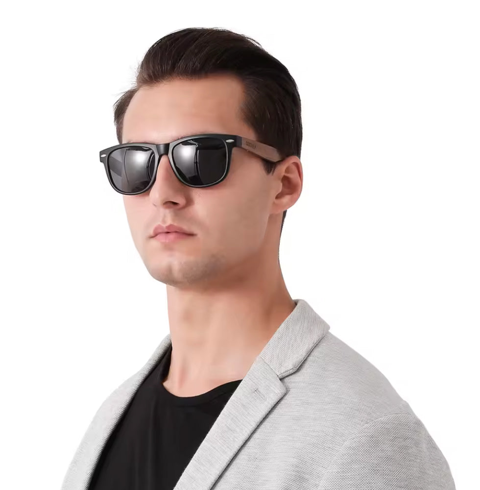 Classic 50/50 Matt Black & Walnut Wood - Polarised Sunglasses