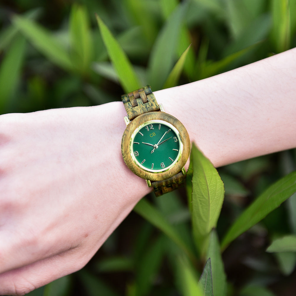 Green Sandalwood Watch & Band - Gold & Green 35mm
