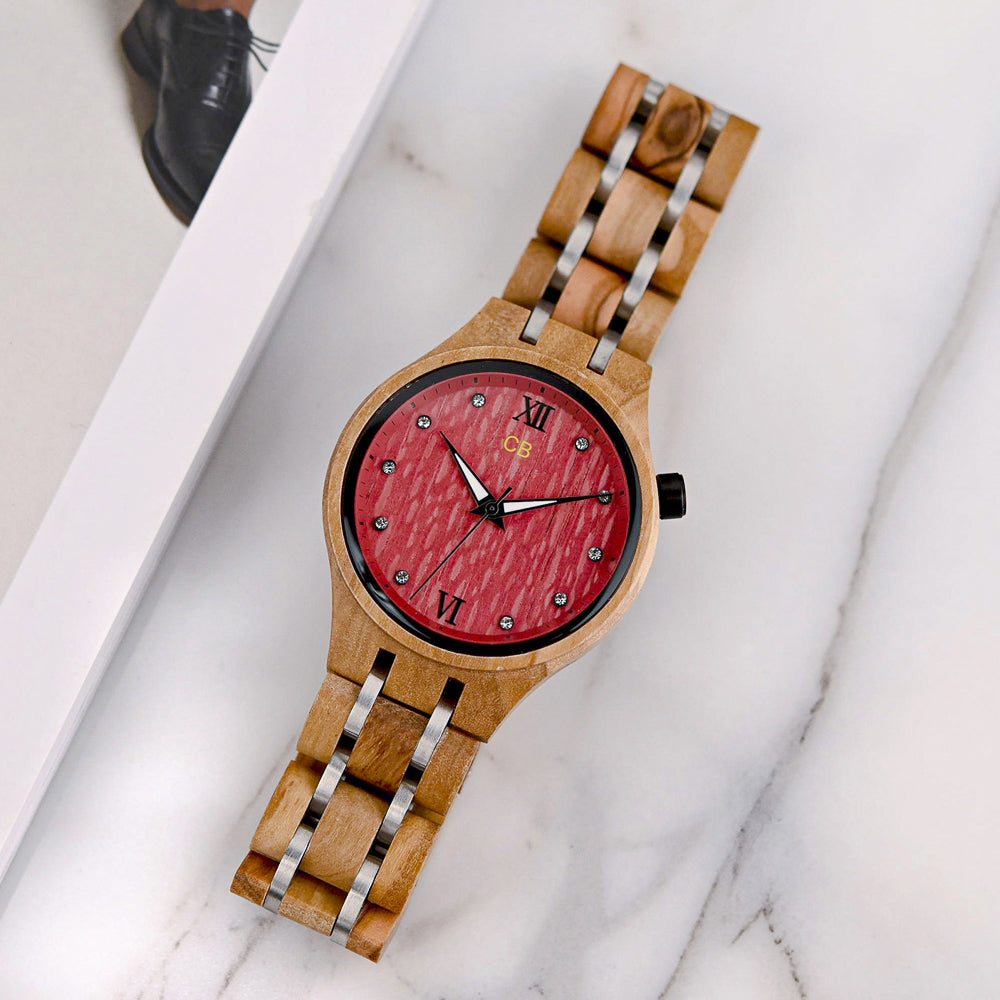 Olive Tree Wood Watch & Band - Pink 35mm