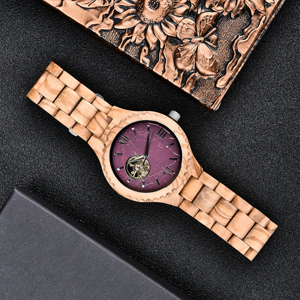 Automatic Olive Tree Wood Watch & Band - Purple 47mm
