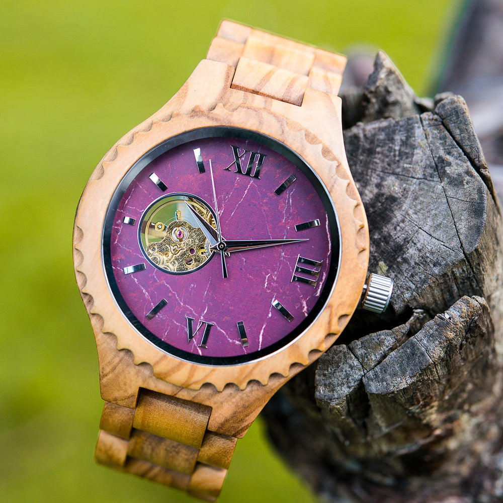 Automatic Olive Tree Wood Watch & Band - Purple 47mm