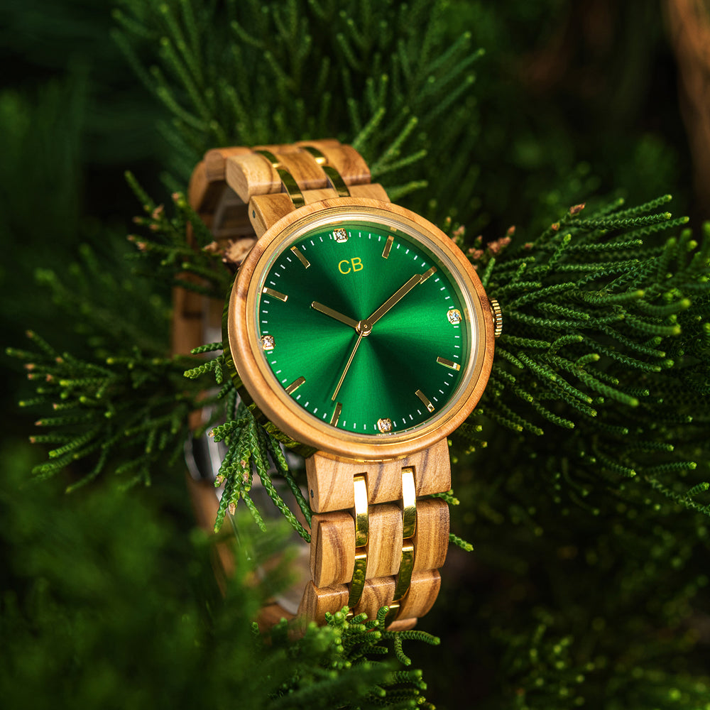 Olive Tree Wood Watch & Band - Green & Gold 35mm