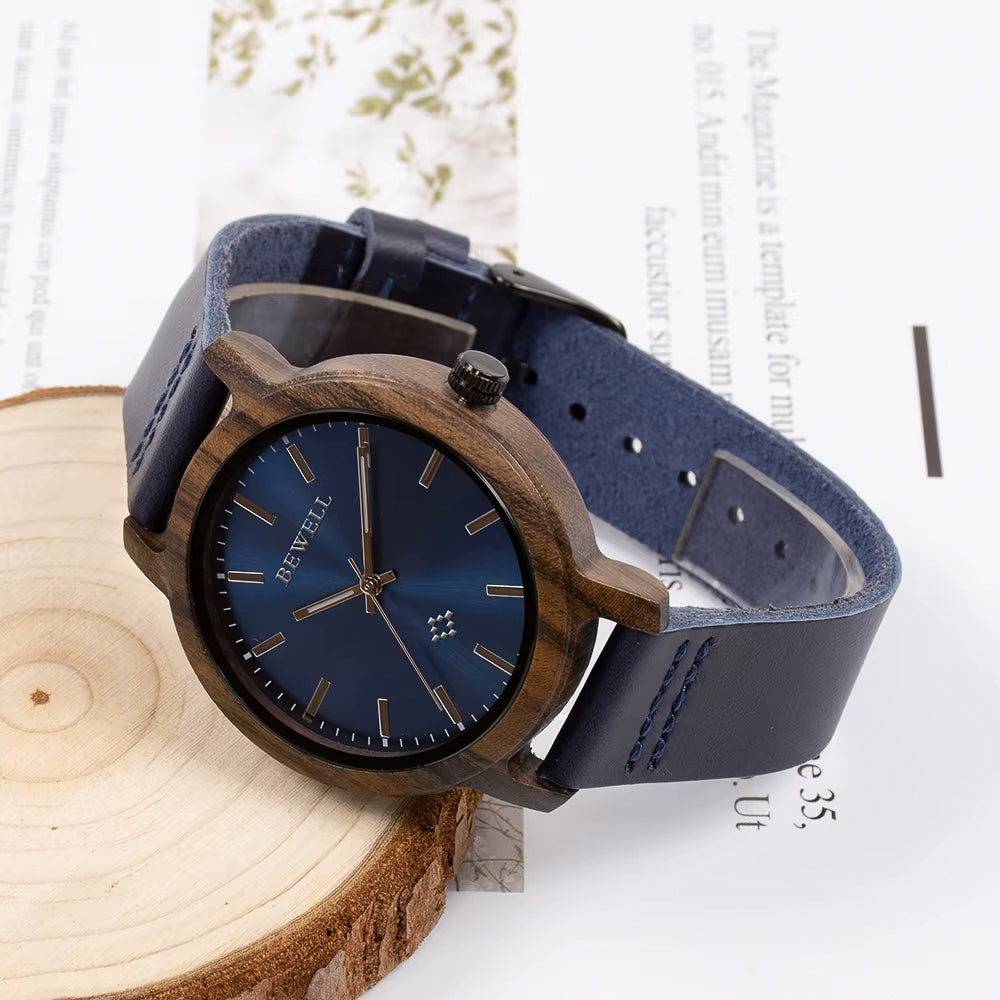 Dark Sandalwood Watch - Blue Face & Leather Band 40mm