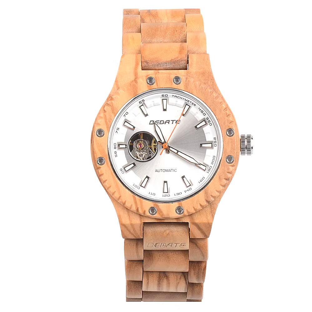 Olive Tree Wood Watch & Band - Mechanical Wind Up (White) 42mm