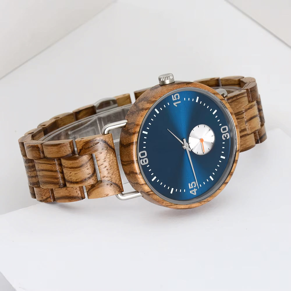 Zebra Wood Watch & Band - Steel & Blue 42mm