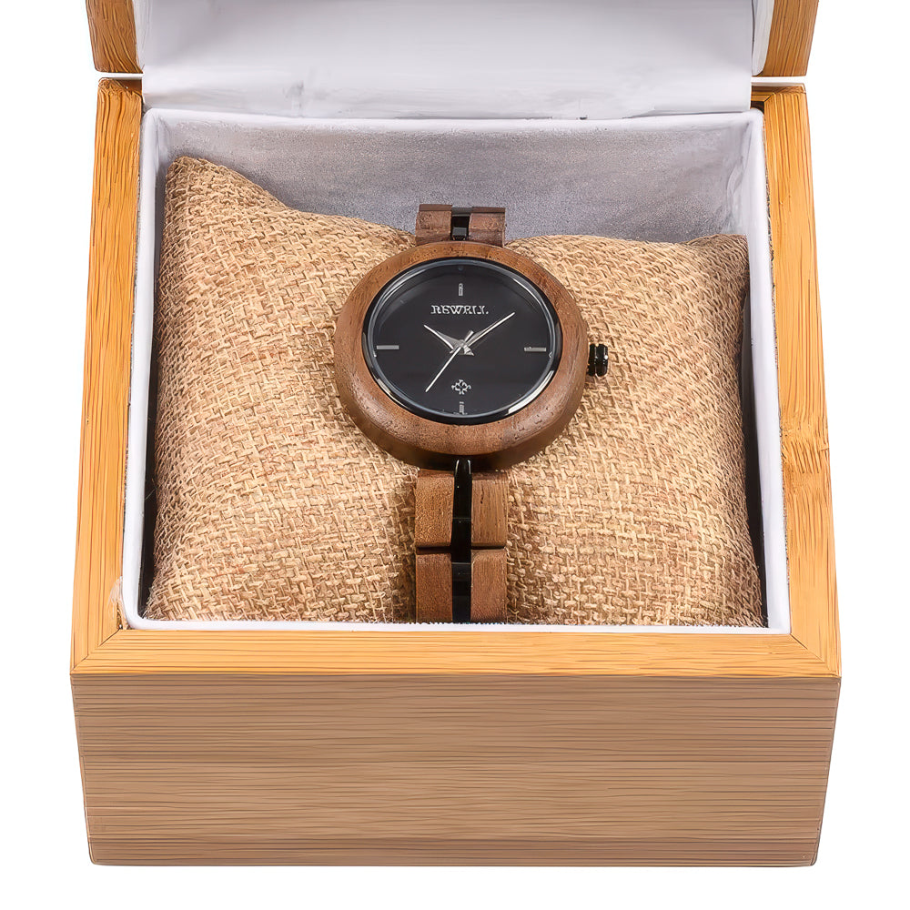 Walnut Wood Watch & Band - Black & Stainless Steel 35mm