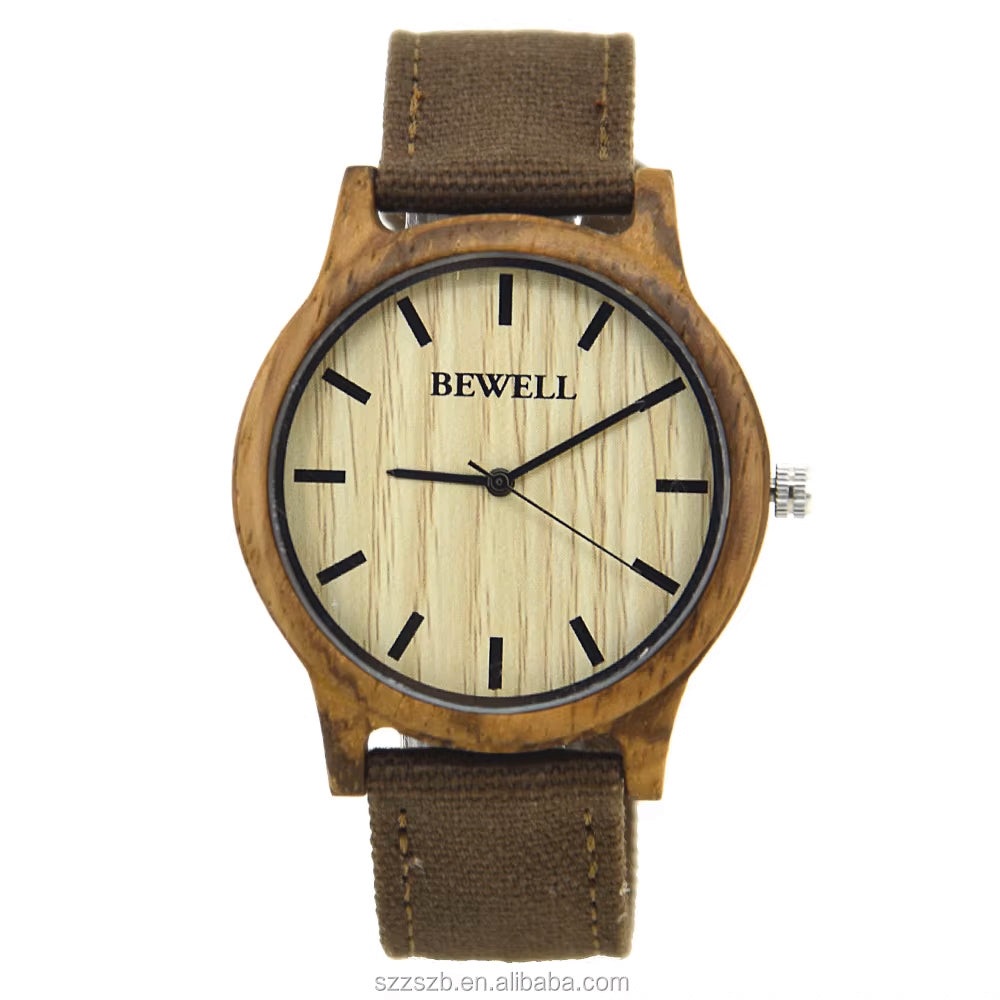 Walnut Wood Watch - Brown Canvas Band 42mm