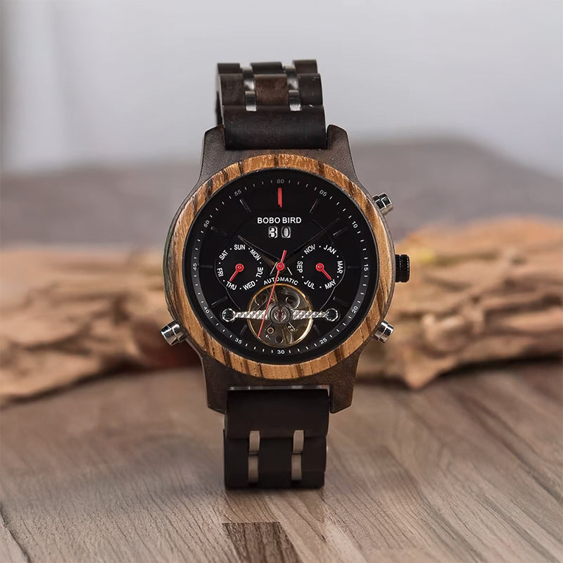 Ebony & Zebra Wood Watch & Band - Wind Up Kinetic 41mm