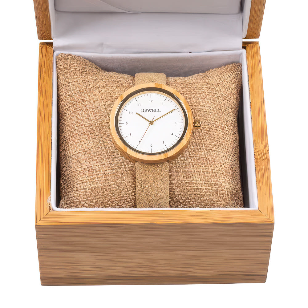 Olive Wood Watch - Vegan Beige Band 37mm