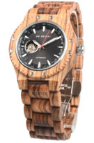 Wooden Watch - Zebra Wood Face & Band with Black Face - WIND UP MECHANICAL