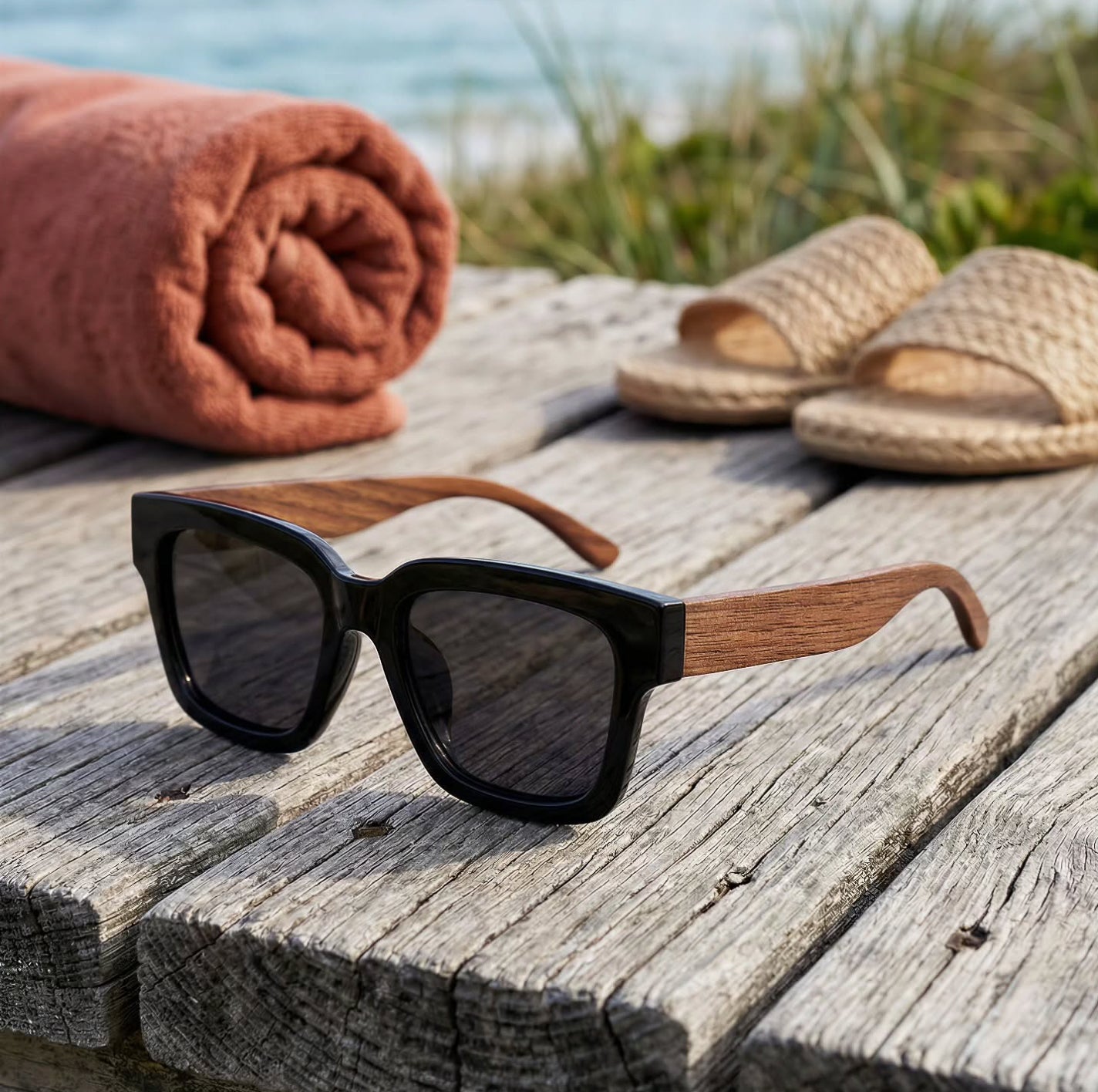 Oversize 50/50 Black & Walnut Wood - Polarised Sunglasses