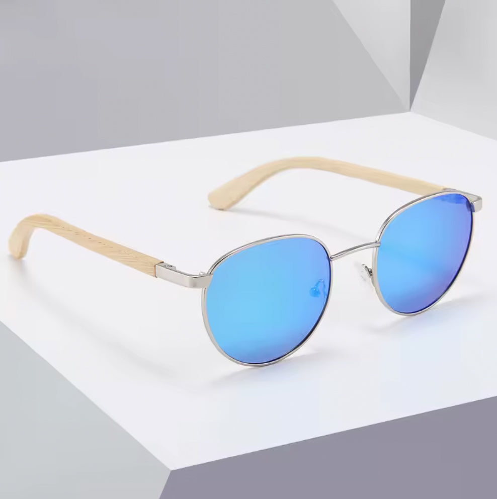 Round Mirror Lens 50/50 Silver Metal & Bamboo Wood - Polarised Sunglasses