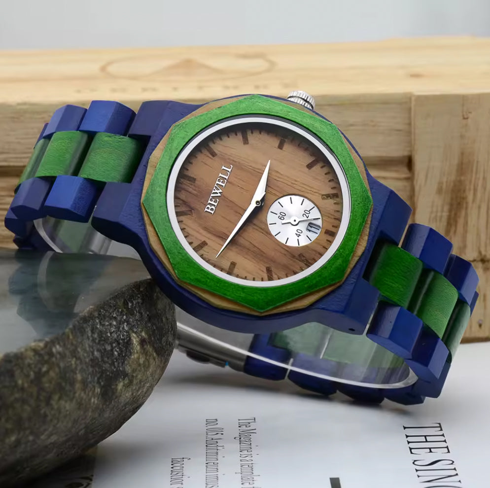 Blue/Green Teak & Walnut Wood Watch & Band 43mm