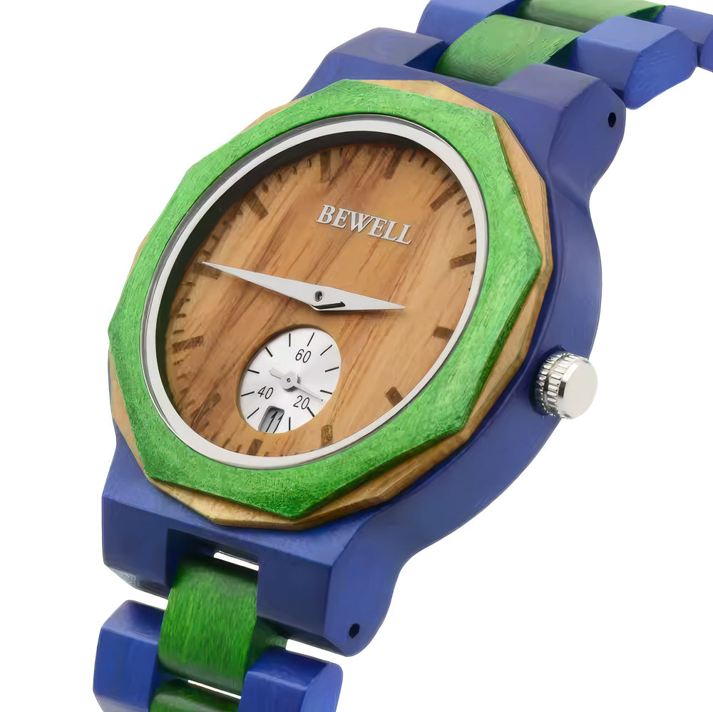 Blue/Green Teak & Walnut Wood Watch & Band 43mm