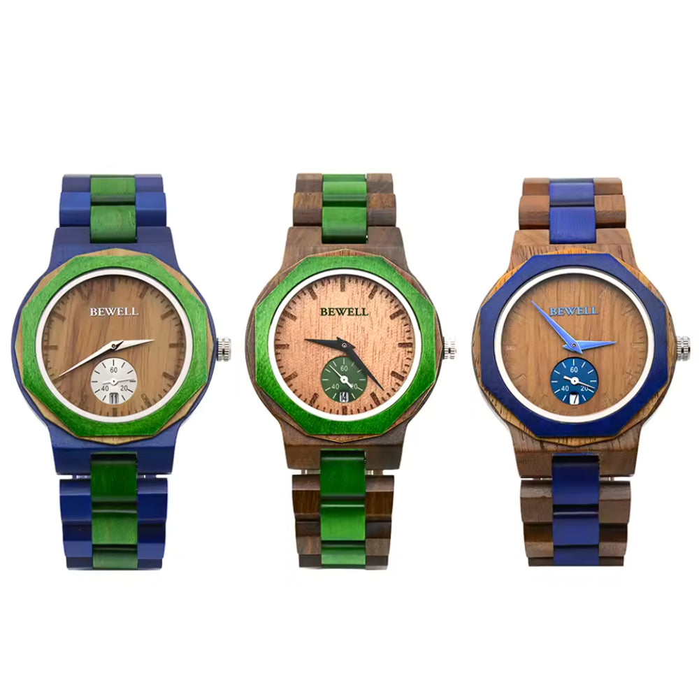 Blue/Green Teak & Walnut Wood Watch & Band 43mm