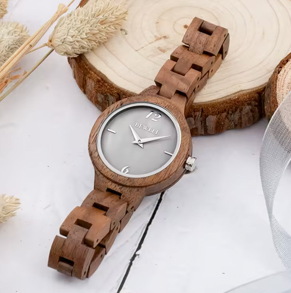 Walnut Wood Watch & Band - Mother of Pearl Face (Grey) 33mm