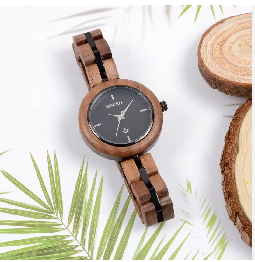 Walnut Wood Watch & Band - Black & Stainless Steel 35mm