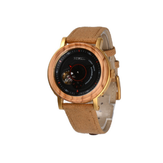 Wooden Watch - Olive Tree Wood with Beige Canvas Strap - AUTOMATIC