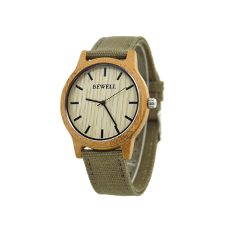 Wooden Watch - Bamboo Case with Pale Green Canvas Band