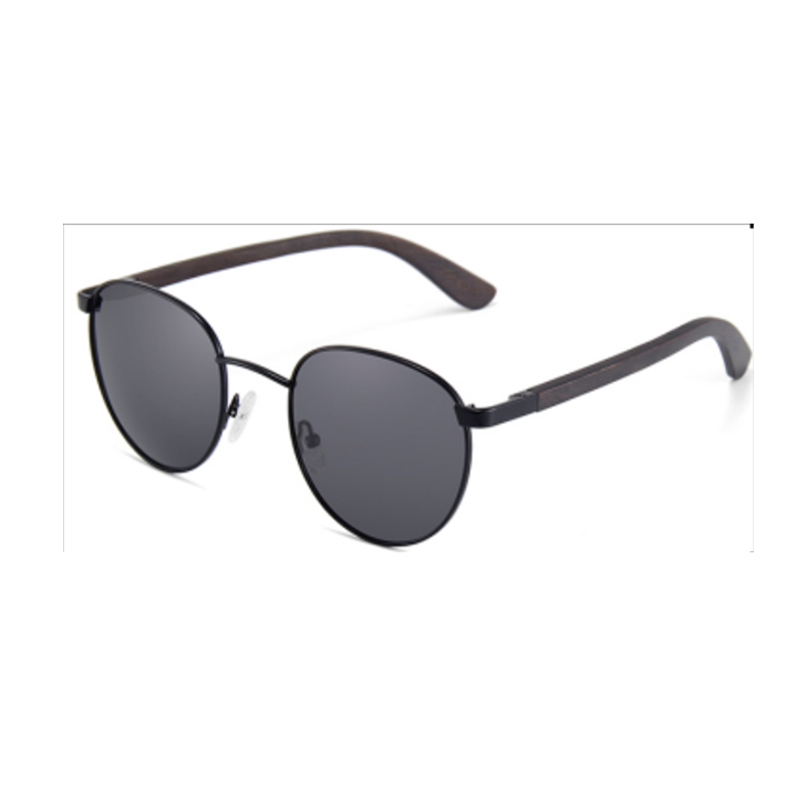 Wood Side Sunnies - Round Black Metal Frame with Ebony Wood Temple POLARISED