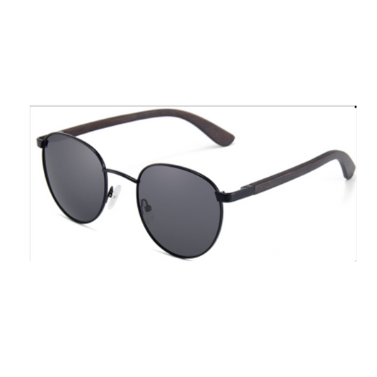 Wood Side Sunnies - Round Black Metal Frame with Ebony Wood Temple POLARISED