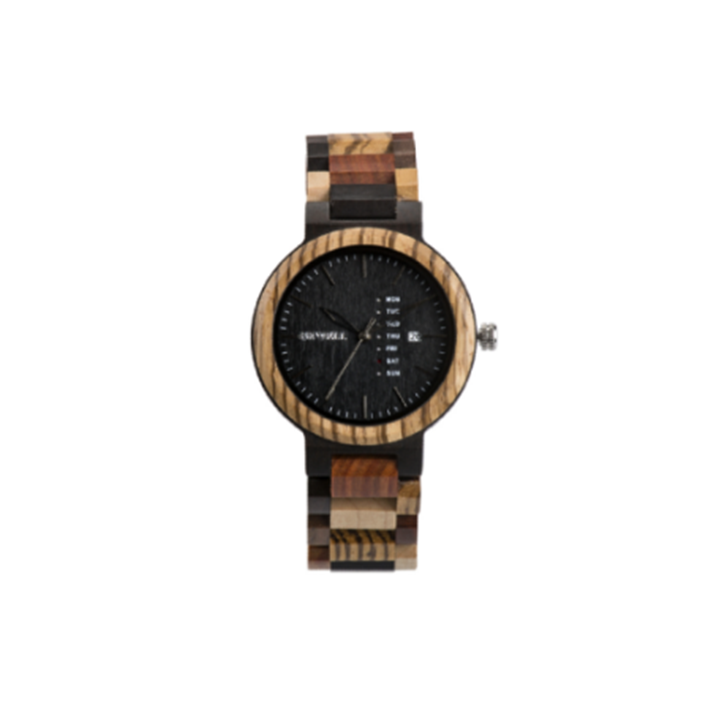 Wooden Watch - Zebra & Mixed Wood Face & Band with Day & Date - Large