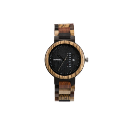 Wooden Watch - Zebra & Mixed Wood Face & Band with Day & Date - Large