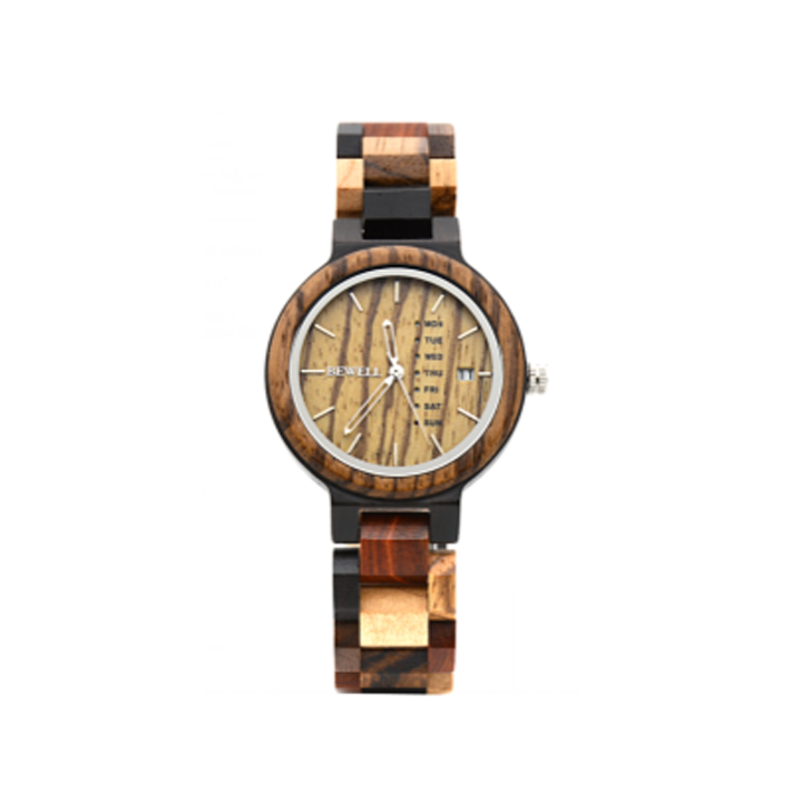 Wooden Watch - Zebra & Mixed Wood Face & Band with Day & Date - Small