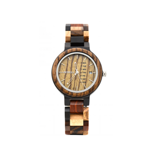 Wooden Watch - Zebra & Mixed Wood Face & Band with Day & Date - Small