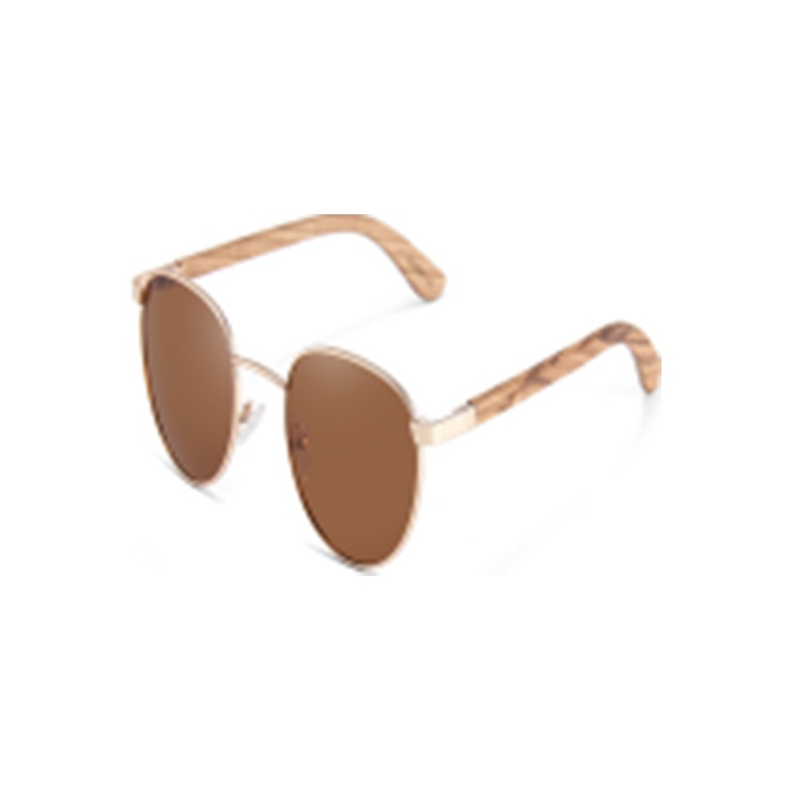 Wood Side Sunnies - Round Gold Metal Frame with Zebra Wood Temple POLARISED