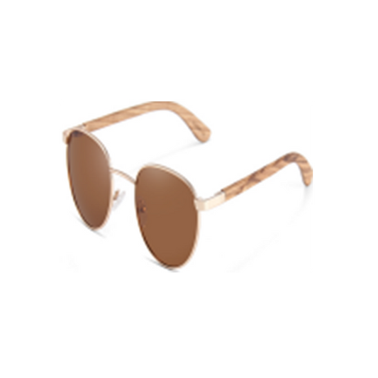 Wood Side Sunnies - Round Gold Metal Frame with Zebra Wood Temple POLARISED