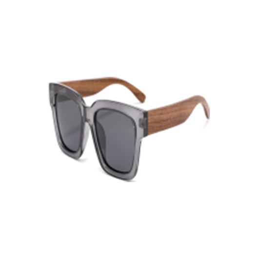 Wood Side Sunnies - Squarish Grey Clear PC Frame with Walnut Wood Temple POLARISED