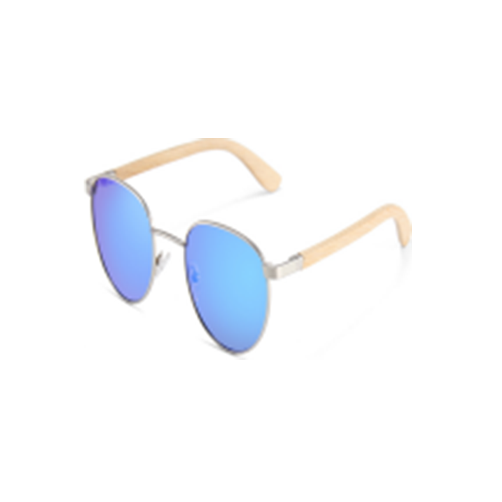 Wood Side Sunnies - Round Silver Metal Frame with Blue Mirror and Bamboo Temple POLARISED