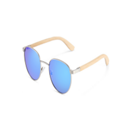 Wood Side Sunnies - Round Silver Metal Frame with Blue Mirror and Bamboo Temple POLARISED