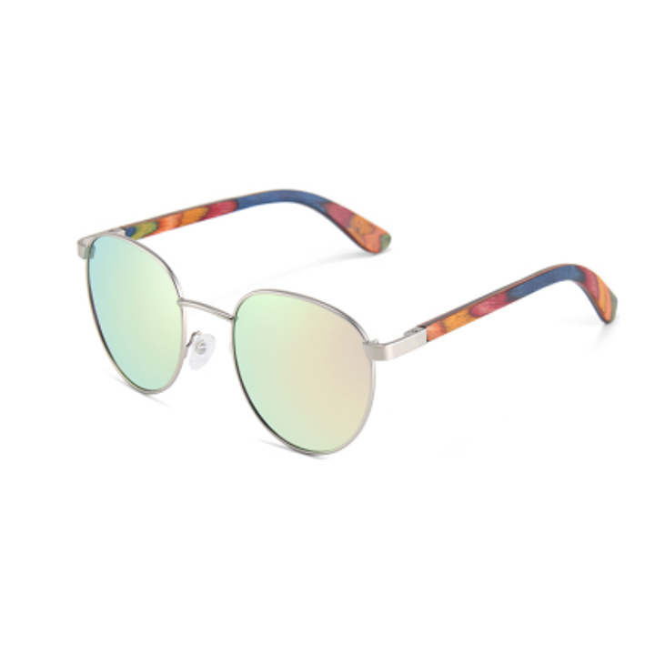 Wood Side Sunnies - Round Silver Metal Frame with Pink Mirror and Peacock Wood Temple POLARISED