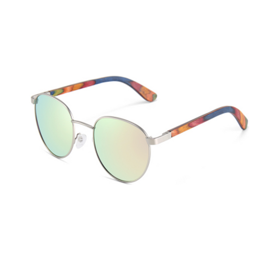 Wood Side Sunnies - Round Silver Metal Frame with Pink Mirror and Peacock Wood Temple POLARISED